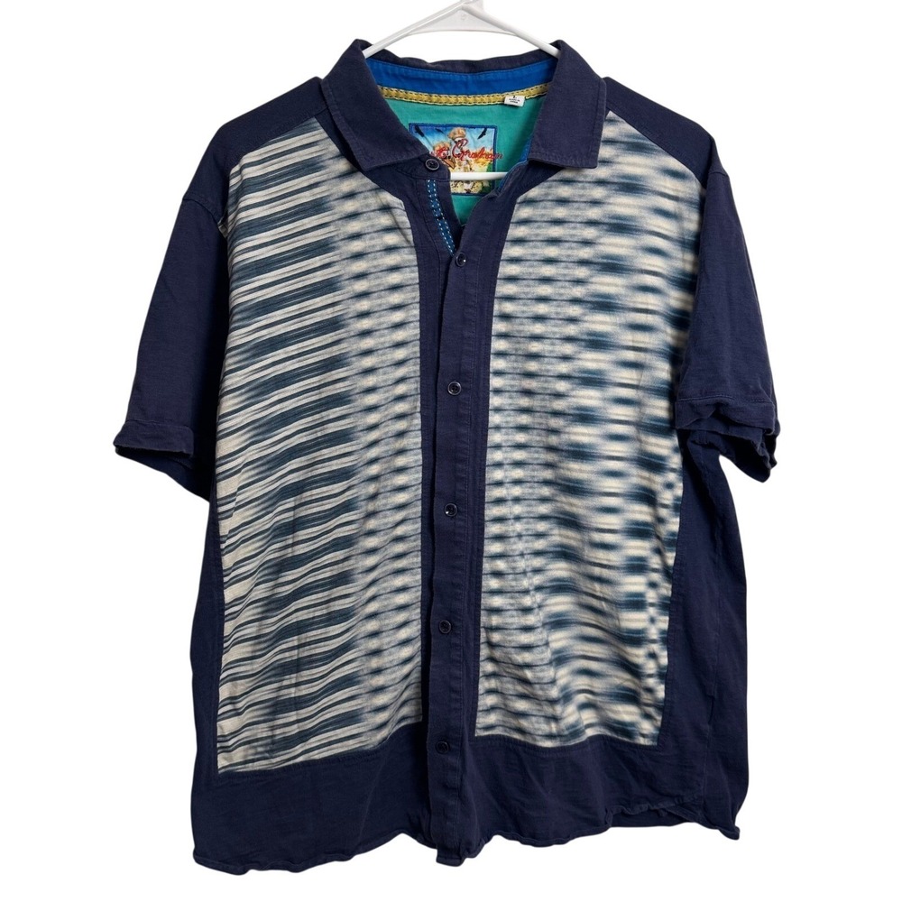 Robert Graham Mens Large Blue Abstract Ikat Mixed Media Button Down Shirt
